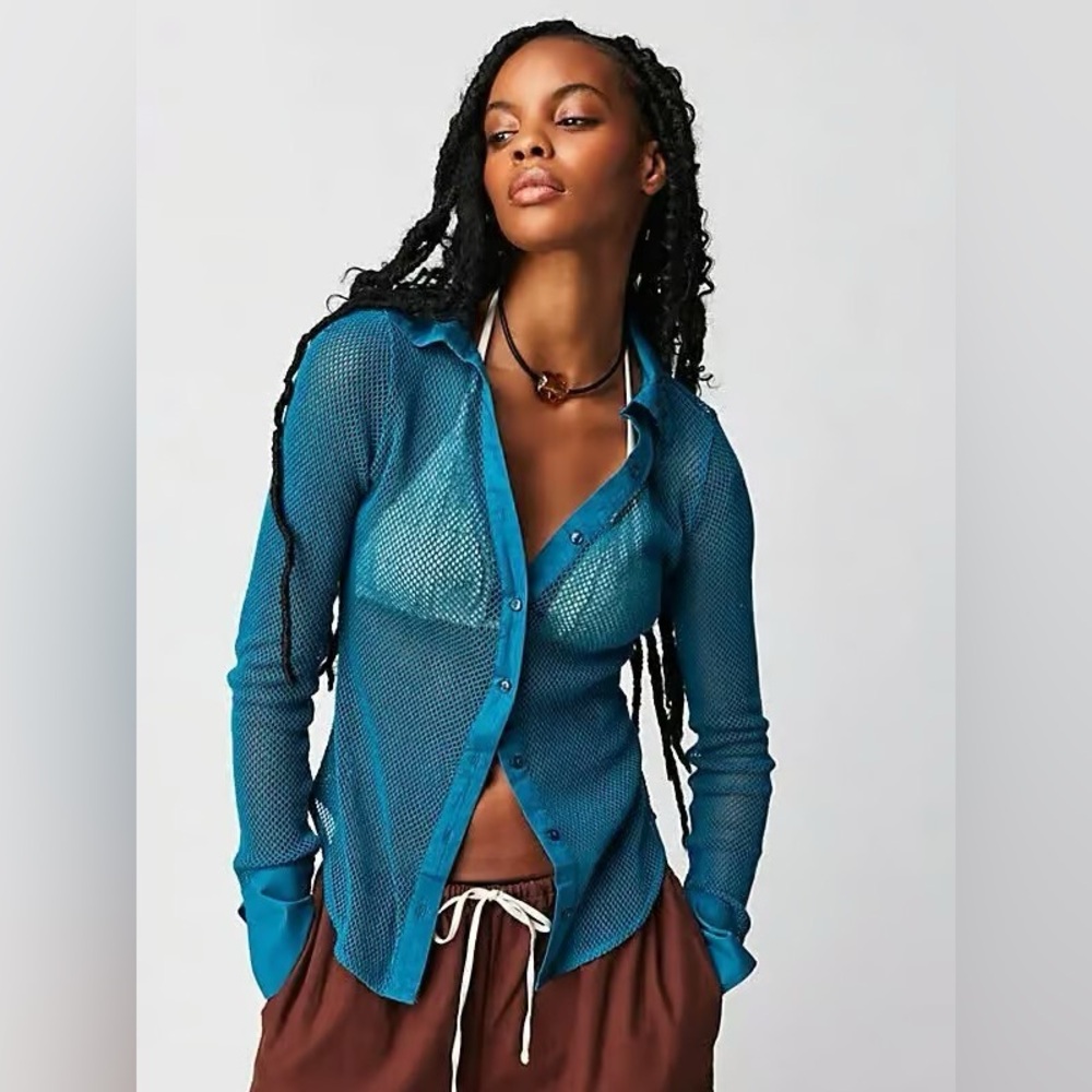 Free People Siggi Mesh Button-Up Shirt Crystal Teal Large - Picture 1 of 9